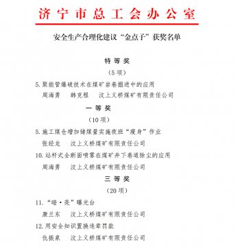 义桥煤矿职工“金点子”斩获济宁市特等奖